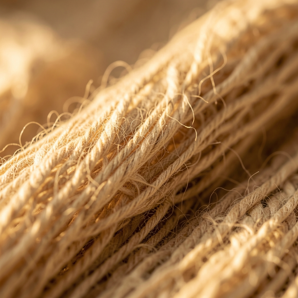 Makrouzdjęcie naturalnych włókien lnianych lub bawełnianych z bliska, ciepłe złote oświetlenie, miękkie tło, organiczna tekstura materiału
