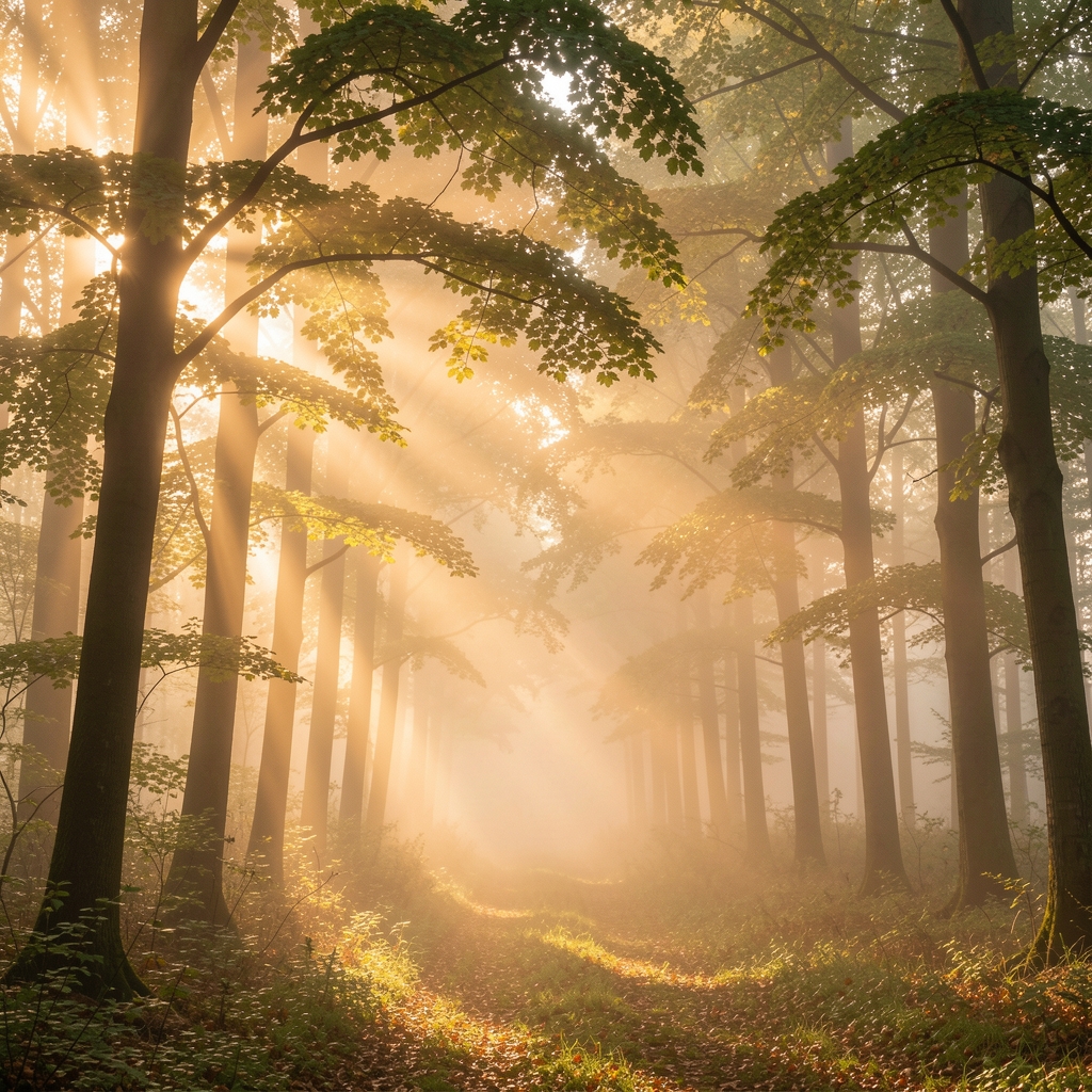 Szerokie ujęcie ciepłego rannego światła przechodzącego przez liście drzew w lesie, atmosferyczna mgła, kinematograficzna głębia ostrości, spokój natury